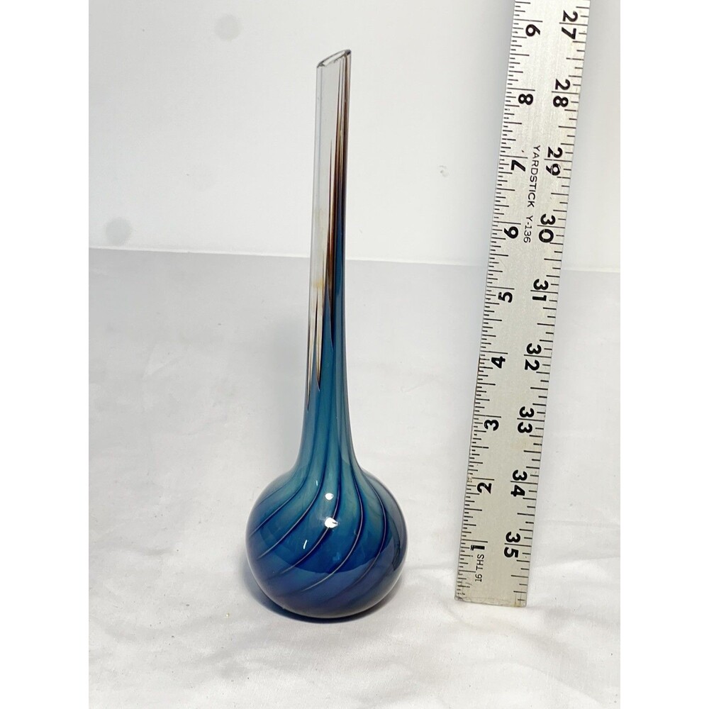 Vintage Signed 1980 Black Sheep Glass Studio Blue Bud Vase 8”